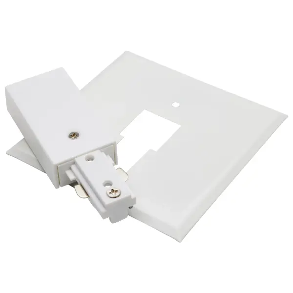 A versatile canopy power feed designed for track lighting systems with reverse polarity functionality. The white finish integrates seamlessly with modern interiors while providing reliable power distribution.