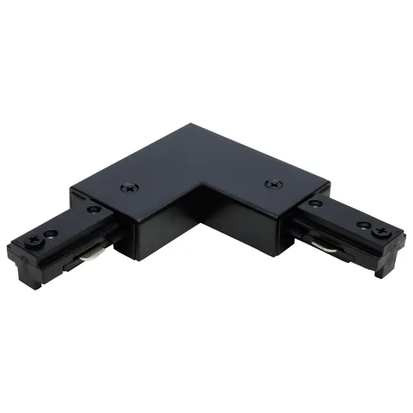 This reverse polarity L connector enables 90-degree turns in track lighting systems, providing flexibility for custom configurations in residential and commercial spaces with a sleek black finish.