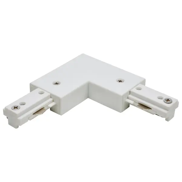 This reverse polarity L connector enables flexible 90-degree turns in track lighting systems. The clean white finish integrates seamlessly with modern track installations for residential and commercial spaces.