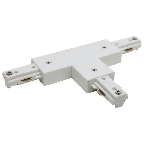This T connector enables creative track lighting layouts with reverse polarity compatibility. The clean white finish integrates seamlessly with modern track systems for residential and commercial applications.