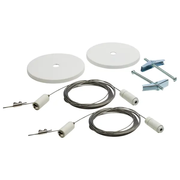 Professional-grade aircraft cable suspension system with white canopy designed for flexible track lighting configurations. Enables creative ceiling-to-track installations with reliable support.