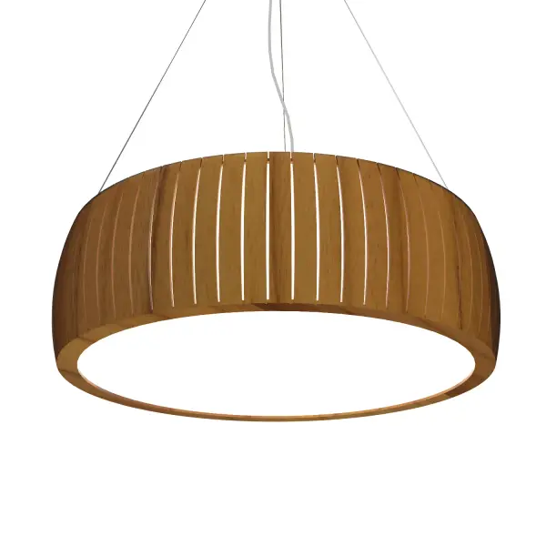 Wooden decorative luminaire with contemporary, timeless design in natural wood veneer or Italian lacquer finish. Proudly made in Brazil, combining high-end technology and the irreplaceable manual finishing. Collection: Barrel Designer: Sara Bevilaqua Hister Finish: Teak Width: 19.69" Height: 7.48" Length: 19.50" Weight: 7.74 lb Wire: 118" Number of Bulbs: 3 Maximum Wattage: 25.00 W Bulb Type: A19 Bulb Base: E26 Light Source: LED Delivered Lumens: 2200.00 lm CRI: 90 Voltage: 120.00 V Material: Wood veneer, MDF Country of Origin: Brazil Safety Listing: UL Safety Rating: Damp Connection: Hard Wired LED Manufacturer Warranty: 5 Years Spec Sheet Instructions
