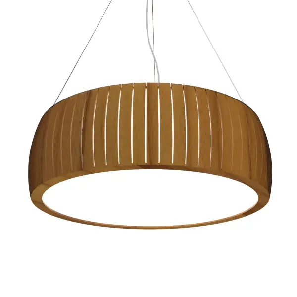 Wooden decorative luminaire with contemporary, timeless design in natural wood veneer or Italian lacquer finish. Proudly made in Brazil, combining high-end technology and the irreplaceable manual finishing. Collection: Barrel Designer: Studio Accord Finish: Teak Width: 31.50" Height: 7.48" Weight: 17.56 lb Wire: 118" Maximum Wattage: 64.00 W Bulb Type: LED Bulb Base: Integrated Light Source: LED Light Output: 4400.00 lm Delivered Lumens: 5775.00 lm Color Temperature: 3000 K CRI: 90 Rated Average Life: 50,000 Voltage: 120.00 V Material: Wood veneer, MDF Country of Origin: Brazil Safety Listing: UL Safety Rating: Damp Connection: Hard Wired LED Manufacturer Warranty: 5 Years Spec Sheet Instructions