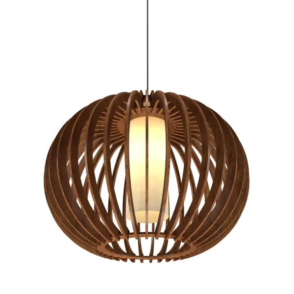 The Stecche di Legno pendant showcases beautiful wood slat construction in rich Imbuia finish, creating dramatic light patterns while adding organic warmth. Perfect for modern spaces seeking natural materials and artisanal craftsmanship.