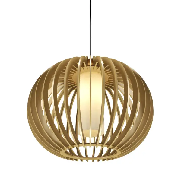 The Stecche di Legno pendant brings natural warmth through its distinctive wood slat construction and organic gold finish. Perfect for creating an inviting focal point over dining tables or kitchen islands.