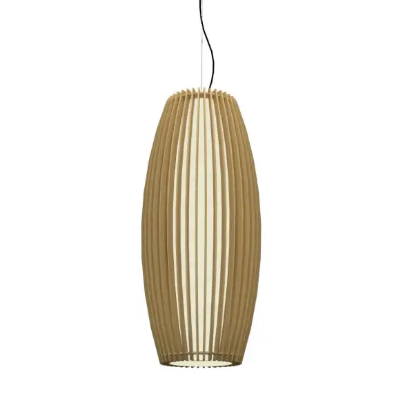 The Stecche di Legno pendant brings natural warmth and contemporary elegance with its distinctive wood slat construction and organic gold finish. Compact yet impactful, this fixture creates beautiful light patterns while adding textural interest to modern interiors.