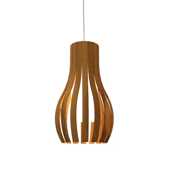 Wooden decorative luminaire with contemporary, timeless design in natural wood veneer or Italian lacquer finish. Proudly made in Brazil, combining high-end technology and the irreplaceable manual finishing. Collection: Barrel Designer: Studio Accord Finish: Teak Width: 8.27" Height: 14.57" Length: 7.80" Weight: 2.34 lb Wire: 118" Number of Bulbs: 1 Maximum Wattage: 25.00 W Bulb Type: A19 Bulb Base: E26 Light Source: LED CRI: 90 Voltage: 120.00 V Material: Wood veneer, MDF Country of Origin: Brazil Safety Listing: UL Safety Rating: Damp Connection: Hard Wired LED Manufacturer Warranty: 5 Years Spec Sheet Instructions
