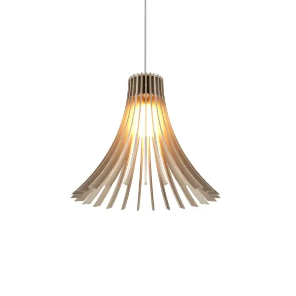 The Stecche di Legno pendant brings natural warmth through its distinctive wood slat design in Organic Cappuccino finish. Compact at under 12 inches, it creates ambient lighting perfect for intimate spaces.