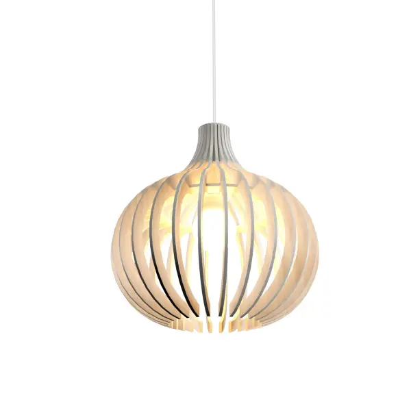 The Stecche di Legno pendant brings natural warmth through its distinctive wood slat design in a clean organic white finish. Perfect for intimate spaces seeking understated elegance with artisanal character.