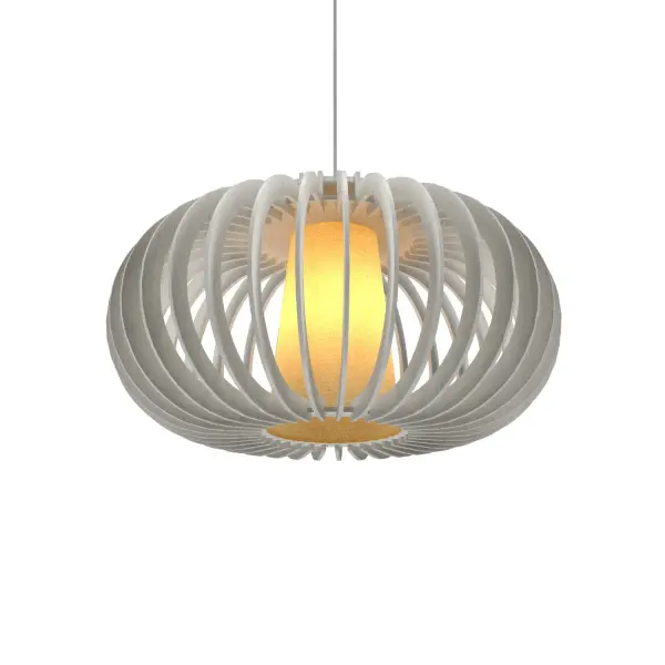 The Stecche di Legno pendant features distinctive wood slat construction in a clean organic white finish, creating soft filtered light and architectural interest. Its medium scale and natural aesthetic work beautifully in contemporary dining rooms and kitchen islands.