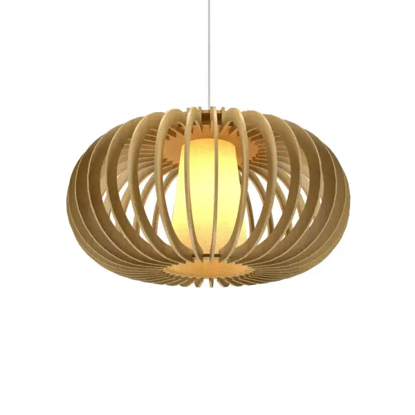 The Stecche di Legno pendant features distinctive wood slat construction with an organic gold finish, creating dramatic linear lighting perfect for dining areas and kitchen islands. Its 31.5-inch length provides excellent coverage.