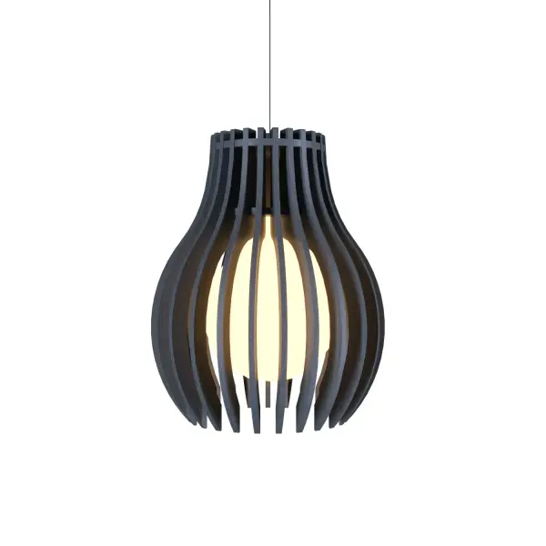 The Stecche di Legno pendant features handcrafted wood slats in an organic grey finish, creating beautiful light patterns while adding natural texture. Its compact 8.67-inch size makes it perfect for intimate spaces or grouped installations.