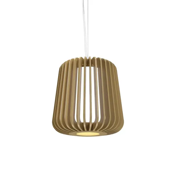 The Stecche di Legno pendant brings natural warmth and contemporary elegance with its distinctive wood slat design and organic gold finish. Perfect for intimate dining spaces or as accent lighting in modern interiors.