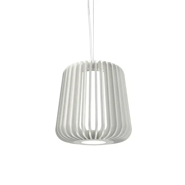 The Stecche di Legno pendant features distinctive wood slat construction in a clean organic white finish. Its 24-inch height creates dramatic visual interest while the natural material adds warmth to contemporary interiors.
