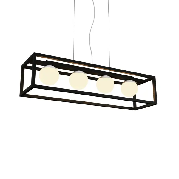The Cubic Four Light Pendant makes a striking statement with its 43-inch linear span and geometric black finish. Perfect for modern dining spaces and kitchen islands, this fixture combines clean lines with substantial presence.