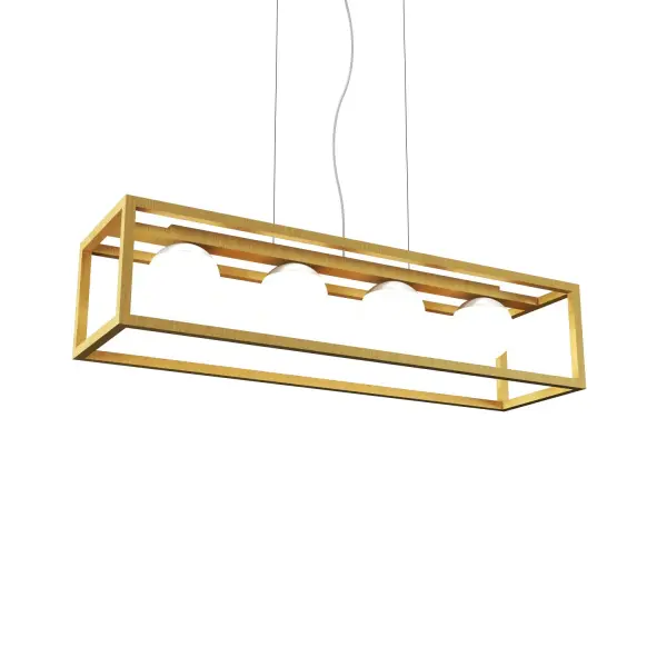 The Cubic pendant brings contemporary sophistication with its clean geometric design and warm organic gold finish. At over 43 inches long, this four-light fixture makes a commanding statement over dining tables and kitchen islands.
