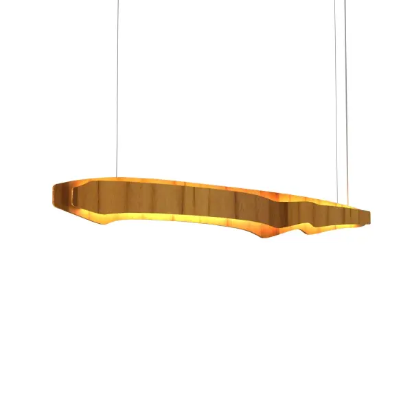 Wooden decorative luminaire with contemporary, timeless design in natural wood veneer or Italian lacquer finish. Proudly made in Brazil, combining high-end technology and the irreplaceable manual finishing. Collection: Horizon Designer: Studio Accord Finish: Teak Width: 10.63" Height: 7.68" Length: 70.87" Weight: 9.48 lb Wire: 118" Maximum Wattage: 82.94 W Light Source: LED Light Output: 4852.80 lm Delivered Lumens: 4853.00 lm Color Temperature: 3000 K CRI: 90 Rated Average Life: 50,000 Voltage: 120.00 V Material: Wood veneer, MDF Country of Origin: Brazil Safety Listing: UL Safety Rating: Damp Connection: Hard Wired LED Manufacturer Warranty: 5 Years