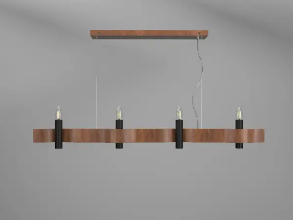 The Flow Four Light Pendant brings organic elegance to modern spaces with its impressive 47-inch linear design in rich Imbuia wood. Perfect for making a statement over dining tables or kitchen islands.