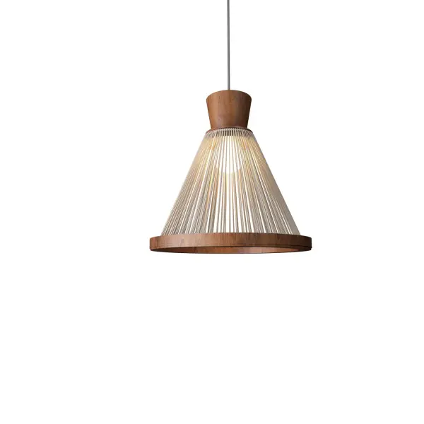 The Corda pendant showcases beautiful Imbuia wood in a compact design perfect for adding organic warmth to smaller spaces. Its natural material and clean lines blend contemporary style with artisanal craftsmanship.