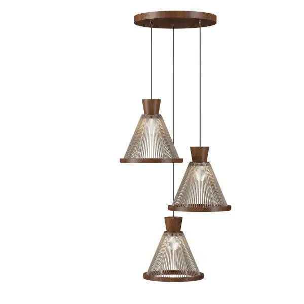 The Corda pendant brings natural beauty and sculptural presence with its Imbuia wood construction. Three lights provide ample illumination while the organic design creates visual interest and warmth in contemporary spaces.