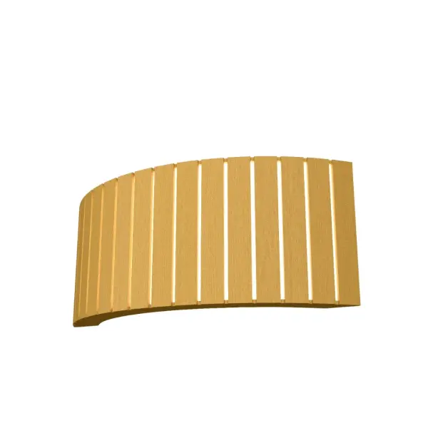 This compact two-light wall sconce features a distinctive slatted design that creates beautiful light patterns. The organic gold finish adds warmth and sophistication to any space while maintaining a clean, modern aesthetic.