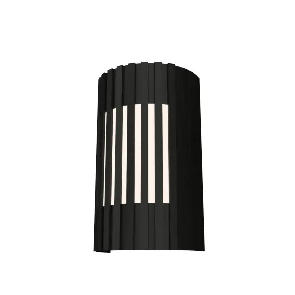 This two-light wall sconce features a distinctive slatted design in organic black finish, creating beautiful light patterns while adding architectural interest. Compact size makes it versatile for various residential and hospitality settings.