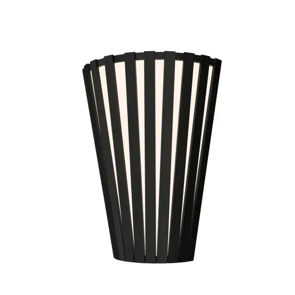 This contemporary wall lamp features distinctive slatted wood construction in a sophisticated charcoal finish. The compact design creates beautiful light patterns while adding textural depth to any space.
