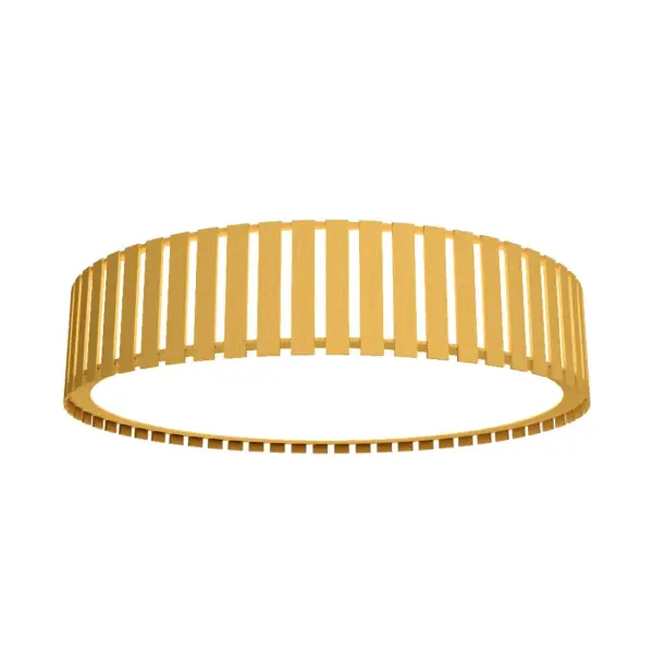 This low-profile LED ceiling mount combines contemporary slatted detailing with an organic gold finish. Perfect for spaces needing ambient lighting without sacrificing ceiling height. Energy-efficient integrated LED.