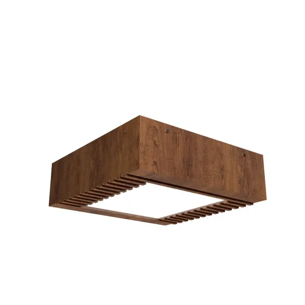 This compact flush mount features a distinctive slatted wood design in warm Imbuia finish with energy-efficient integrated LED. Perfect for modern spaces needing ambient lighting with natural material warmth.
