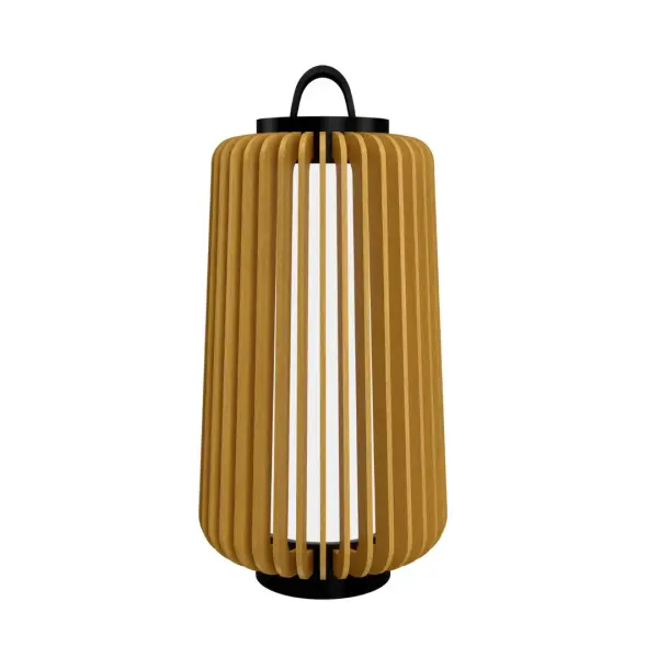 The Stecche di Legno table lamp features an artisanal wood slat construction with an organic gold finish, creating dramatic light and shadow play. Its compact 8" footprint and 22" height make it ideal for modern interiors seeking natural texture.