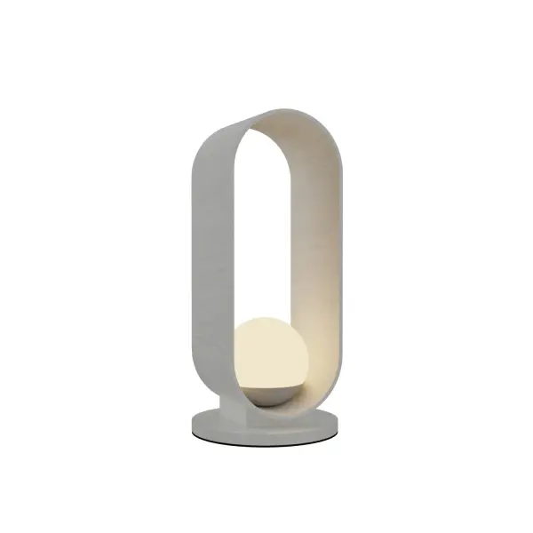 The Sfera table lamp features a distinctive spherical organic white shade that creates soft, ambient lighting. Its compact 20.87" height makes it ideal for bedside tables and accent surfaces in modern interiors.