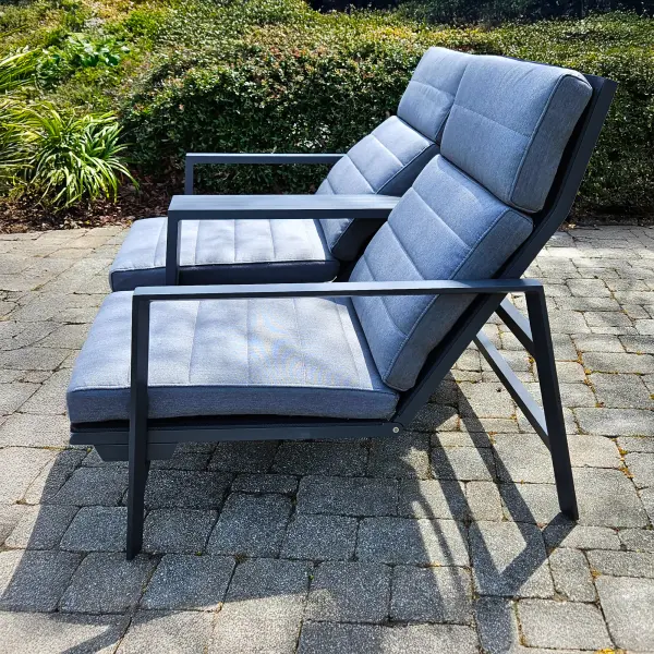 The Bondi Tete-A-Tete combines comfort and convenience with independent reclining backrests, weather-resistant materials, and a built-in center table. Perfect for outdoor relaxation with premium Sunbrella cushions. - alternate view
