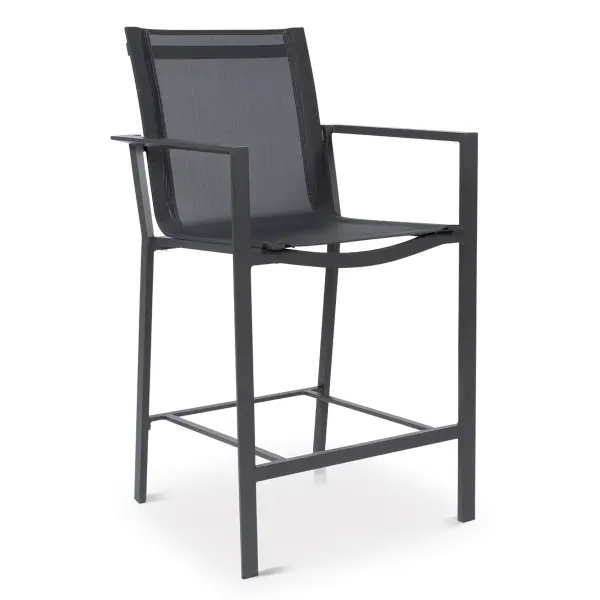 The Primavera Bar Chair combines sleek contemporary design with all-weather durability. Featuring a lightweight aluminum frame, quick-drying sling fabric, and integrated armrests, it's perfect for outdoor entertaining.