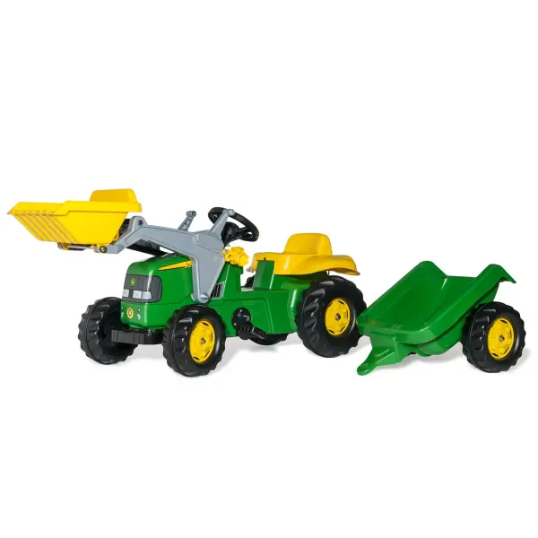 This German-made pedal tractor delivers authentic farm equipment experience with fully functional front loader, detachable trailer, and durable resin construction. Oversized tires and enclosed chain drive ensure years of backyard fun.