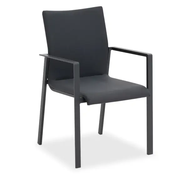 The Sense stackable dining chair combines contemporary design with outdoor durability. Featuring powder-coated aluminum construction, ergonomic armrests, and weather-resistant Textilene fabric, it's ideal for patios and outdoor dining spaces.
