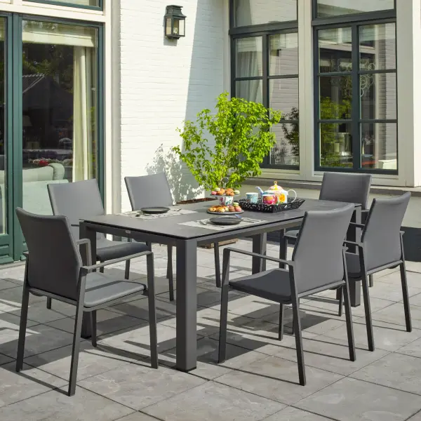 The Sense 7-Piece Dining Set combines sleek contemporary design with commercial-grade durability. Features powder-coated aluminum frames, scratch-resistant ceramic table top, and quick-dry sling chairs with ergonomic comfort.