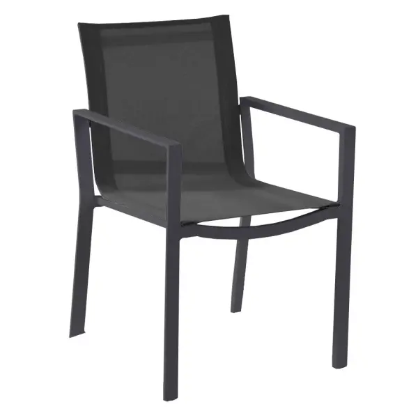 The Primavera dining chair combines contemporary style with practical outdoor durability. Featuring powder-coated aluminum construction, ergonomic armrests, and a quick-drying Textilene sling, it's perfect for patios and dining spaces.