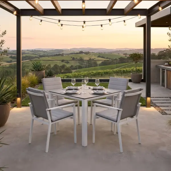 Elevate outdoor dining with the Primavera 5-Piece Dining Set, where refined design meets effortless durability. Four ergonomically contoured sling chairs—crafted with lightweight, powder-coated aluminum frames and breathable, quick-drying acrylic Textilene—offer exceptional comfort, resilience, and stackable convenience, with optional Sunbrella cushions for an added layer of luxury. Paired with the Concept Dining Table, featuring a sleek ceramic top with a sophisticated concrete-look finish, this set delivers both modern elegance and remarkable performance in any climate. In a timeless white and mouse gray palette, Primavera creates a polished, inviting setting for everyday dining and elevated outdoor entertaining. Chair Features: Light-weight powder-coated aluminum construction with stainless steel hardware 100% Acrylic Textilene fabric sling for optimal weather resistance and color fastness Premium, quick-drying sling allows superior drainage Contoured seat and back for maximum comfort and support Frame features full circumference welds for added strength Durable, all-weather frame and fabric construction Integrated arm rests for additional comfort and style Protective, replaceable foot caps prevent marring on any surface and extend the life of the chair Stackable for compact, easy storage Frame | Sling Color: White/Mouse Gray Optional Sunbrella Cushion available in Grey Chine Fabric Table Features: Elegant style lines provide a modern look to any outdoor space Robust powder coated aluminum construction with stainless steel hardware Frame features full circumference welds for a durable, all-weather frame Durable ceramic top with concrete look finish can withstand temperatures ranging from -40°F to 500°F Durable, all-weather frame construction Protective, replaceable foot glides prevent marring on any surface and prolong the life of the table Integrated foot levelers prevent wobbling on uneven floors No umbrella hole Frame Color: White Top Color: Concrete Look - alternate view