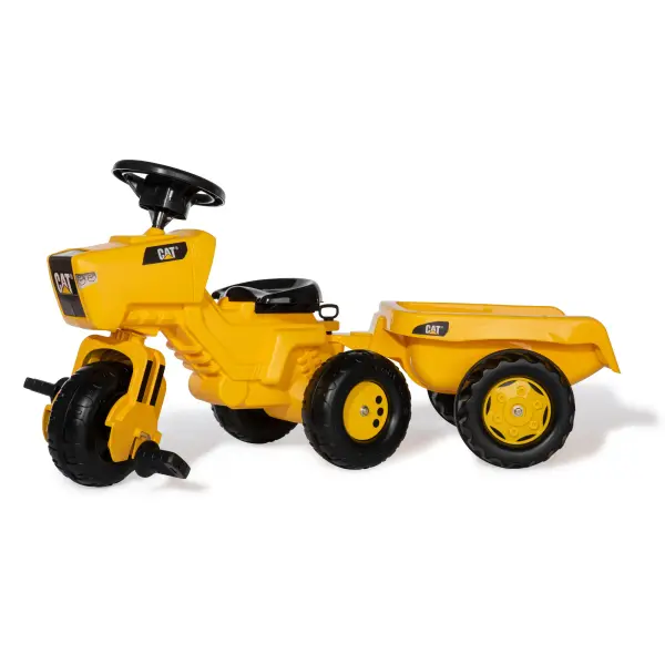 German-engineered pedal tractor combines tricycle stability with realistic CAT styling. Features electronic steering wheel with horn and engine sounds, removable trailer, and high-impact resin construction.