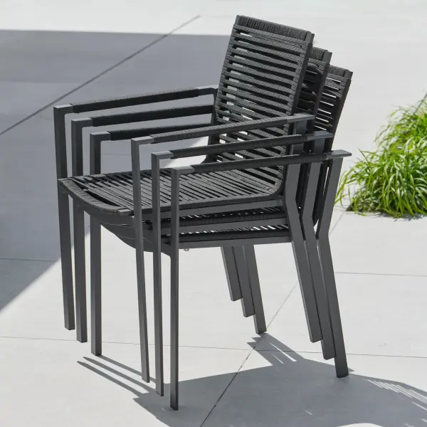 The Porto combines contemporary design with practical outdoor durability. Featuring ergonomic armrests, weather-resistant rope sling seating, and lightweight aluminum construction, it's ideal for patios and dining spaces.