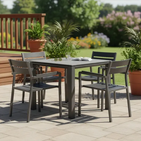 The Torino 5-Piece Dining Set combines contemporary design with commercial-grade construction. Featuring stackable aluminum chairs with contoured poly slats and a ceramic-topped table, this set delivers year-round performance.