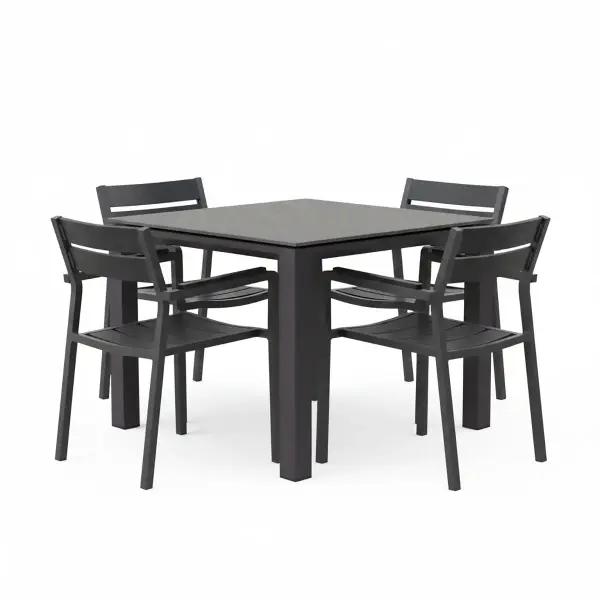 The Torino 5-Piece Dining Set combines contemporary design with commercial-grade construction. Featuring stackable aluminum chairs with contoured poly slats and a ceramic-topped table, this set delivers year-round performance. - alternate view