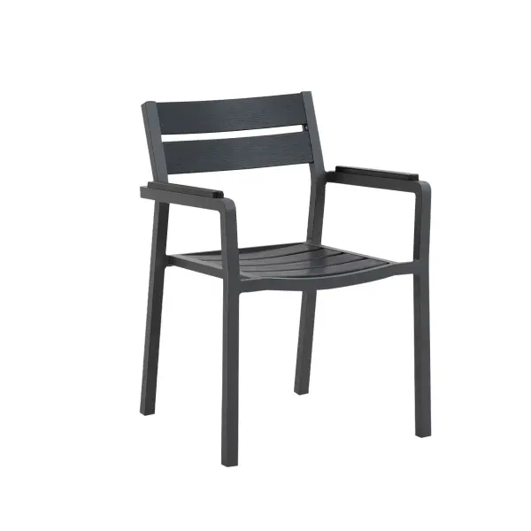The Torino Arm Chair combines contemporary design with practical functionality. Featuring a sturdy aluminum frame and contoured poly slats, this stackable chair offers comfort and durability for both residential patios and commercial outdoor spaces.