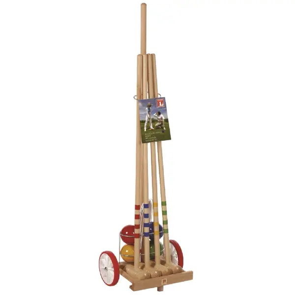 Complete 4-player croquet set featuring 32-inch wooden mallets, durable resin balls, and all necessary wickets and pegs. Includes convenient wheeled storage cart for easy transport and organization.
