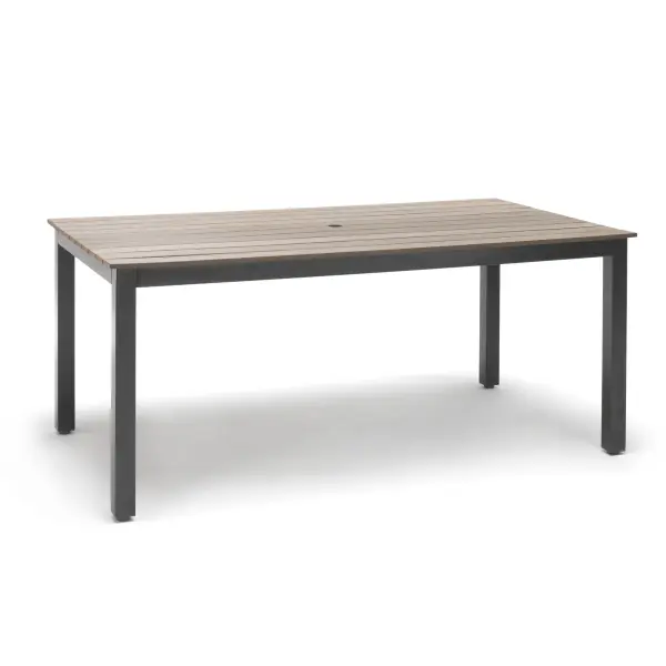 The Bretange Dining Table offers exceptional durability with its powder-coated aluminum frame and 100% recycled resin slat top. Perfect for both indoor and outdoor use, it seats up to 8 guests and features an integrated umbrella hole.