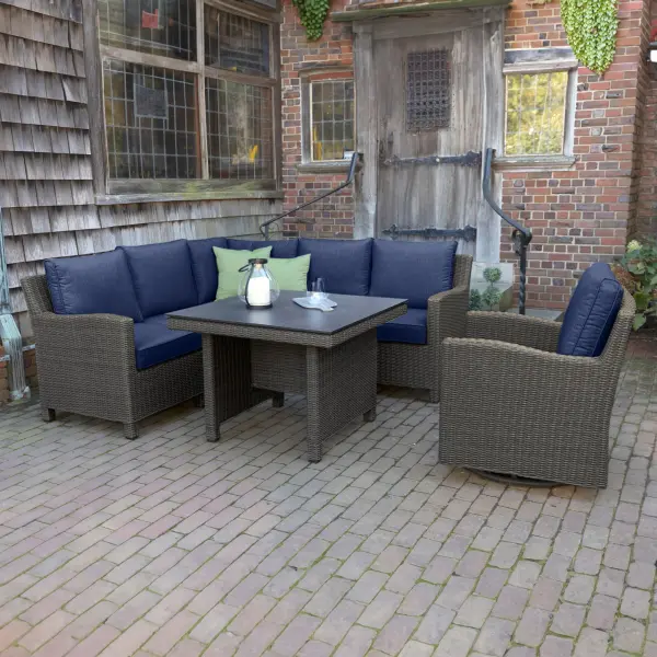 The Palma Modular Corner Set combines dining and lounging in one exceptional outdoor furniture collection. Featuring handwoven weatherproof wicker, powder-coated aluminum frames, and Sunbrella cushions, this 6-piece set with swivel glider offers unmatched versatility for entertaining.