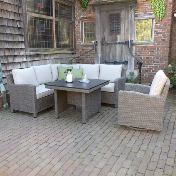 The Palma Modular Corner Set combines dining and lounging in one exceptional outdoor furniture collection. Featuring handwoven weatherproof wicker, powder-coated aluminum frames, and Sunbrella cushions, this 6-piece set with swivel glider offers unmatched versatility for entertaining. - alternate view