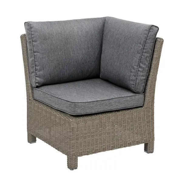 The Palma Modular Corner Chair combines dining and lounge functionality with handwoven weatherproof wicker, high-back support, and thick Sunbrella cushions. Modular design allows endless configurations for patios and outdoor spaces.