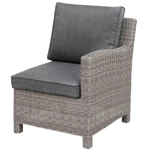 The Palma Right Arm Chair combines dining comfort with lounge-style relaxation. Handwoven weatherproof wicker over powder-coated aluminum creates a durable, stylish piece. High-back design and thick cushions provide exceptional support.