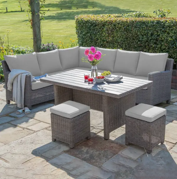 The Palma Modular Set combines lounge and dining functionality in one beautifully crafted outdoor furniture collection. Handwoven weatherproof wicker over powder-coated aluminum frames with Sunbrella cushions.